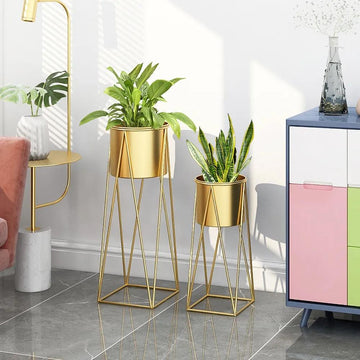 Gold Plant Pots Modern Planter with Gold Stand for Indoor&Outdoor Set of 2